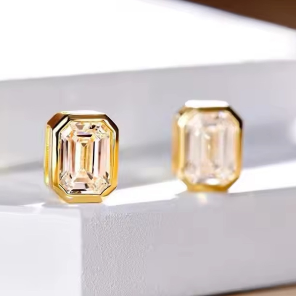 Gold Emerald-Cut CZ Stud Earrings - Women Jewelry